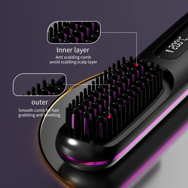 Pente elétrico de cabelo liso com aquecimento de cerâmica USB LCD, ferramenta de modelagem sem fio portátil com íons negativos, escova alisadora recarregável