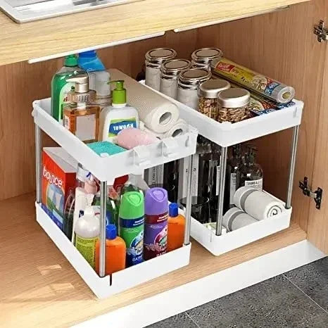 1/2 PCs organizador de armazenamento sob a pia, gaveta de 2 níveis, armário de rack multiuso, rack de armazenamento sob a pia, organizador de banheiro e cozinha