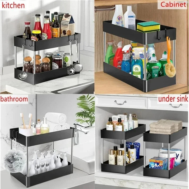 1/2 PCs organizador de armazenamento sob a pia, gaveta de 2 níveis, armário de rack multiuso, rack de armazenamento sob a pia, organizador de banheiro e cozinha