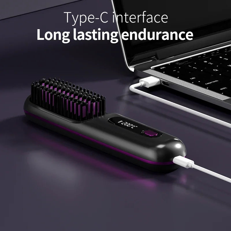 Pente elétrico de cabelo liso com aquecimento de cerâmica USB LCD, ferramenta de modelagem sem fio portátil com íons negativos, escova alisadora recarregável
