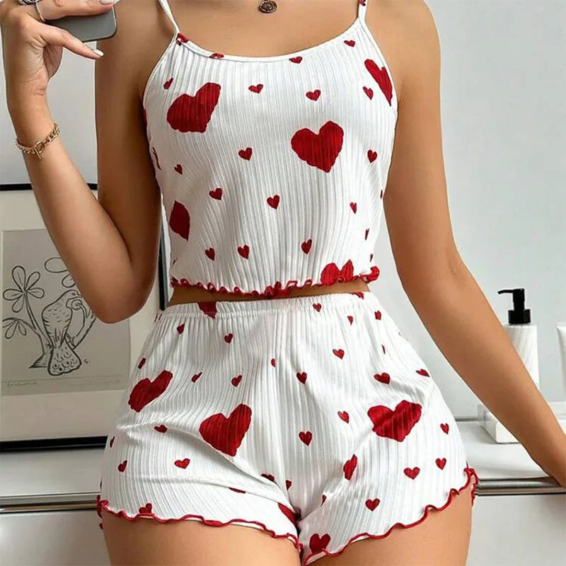 Mulheres spa jam ativo pijamas 2 peças regatas curtas e shorts SS ml branco ventilado macio casual amor impressão