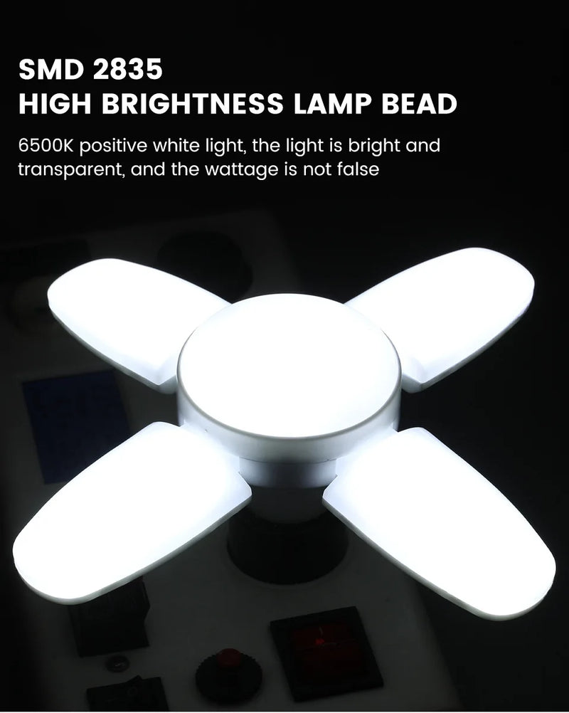 Lâmpada LED dobrável E27 de 28 W com ventilador AC220 V/110 V, 40 lâmpadas de deformação para iluminação de teto residencial, armazém e garagem, luz branca, lâmpada 6500 K