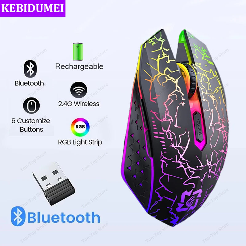 Mouse gamer RGB Bluetooth 2.4G sem fio ergonômico 1600DPI 6 botões mudos mouse para MacBook tablet laptops computador