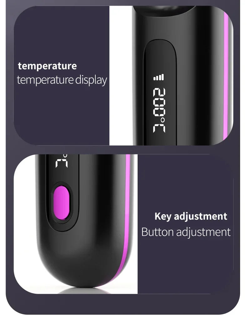 Pente elétrico de cabelo liso com aquecimento de cerâmica USB LCD, ferramenta de modelagem sem fio portátil com íons negativos, escova alisadora recarregável