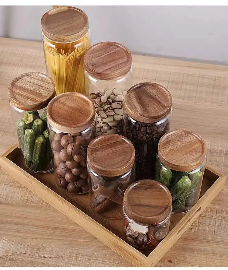 1 PC pequenos potes de vidro para armazenamento com tampa hermética colorida, recipiente para café com tampa de madeira, recipiente de vidro para feijão, arroz, açúcar