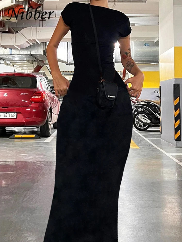 Vestido longo Nibber liso sexy sem costas feminino elegante elástico slim manga curta vestidos longos bodycon feminino roupas streetwear