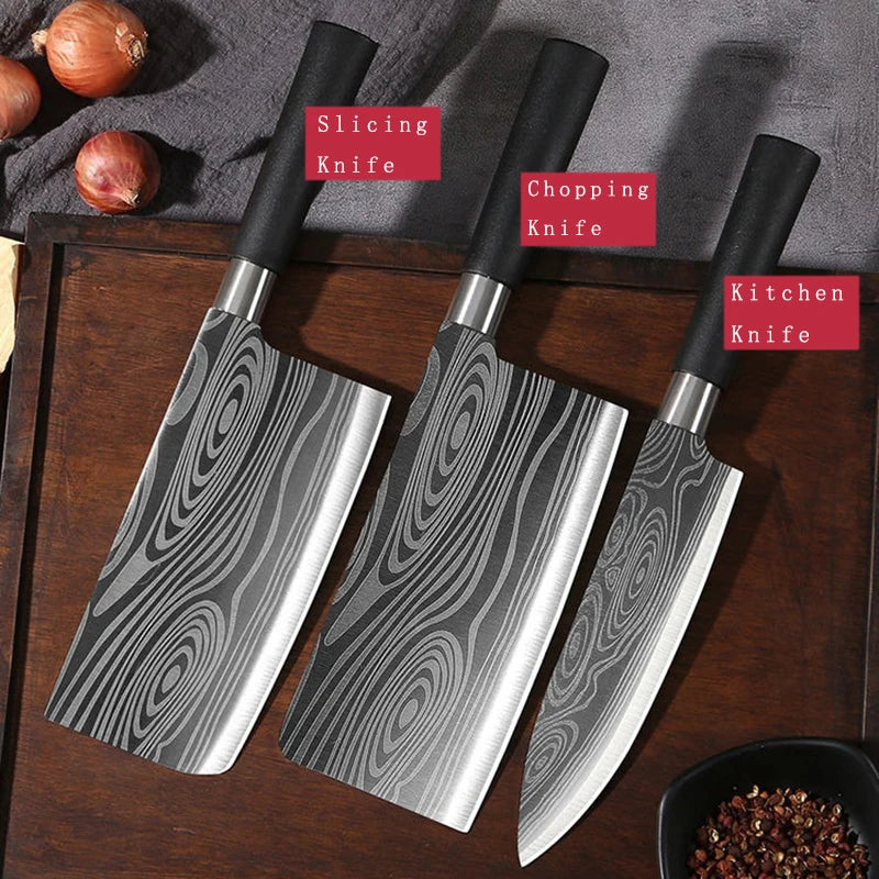 Conjunto de facas de cozinha utilitárias com padrão de damasco a laser, conjunto de hastes de afiação de tesouras, faca de chef afiada de aço inoxidável, ferramenta de cozinha