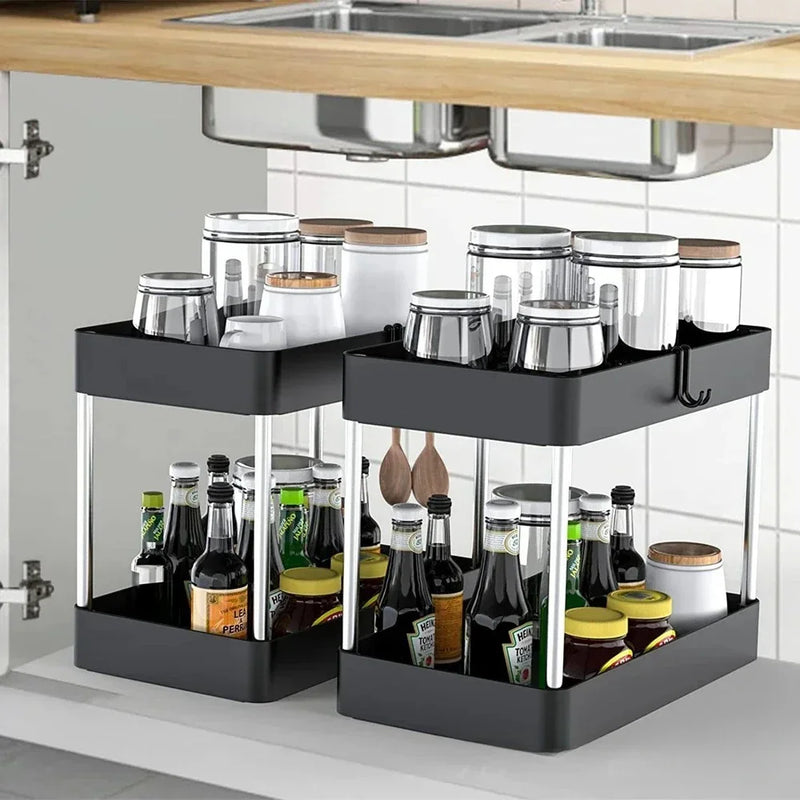 1/2 PCs organizador de armazenamento sob a pia, gaveta de 2 níveis, armário de rack multiuso, rack de armazenamento sob a pia, organizador de banheiro e cozinha