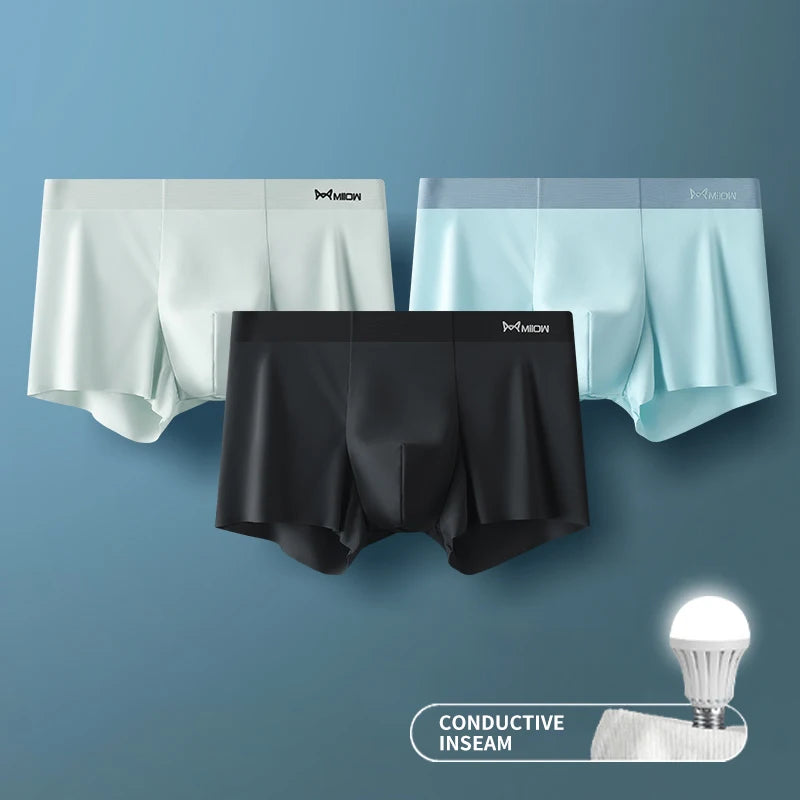 MIIOW 3 Peças Cueca Boxer Masculina de Seda Gelada Fibra Metálica Antiestática Cuecas Masculinas Sem Costura Bainha de Corte Cuecas Masculinas Boxers Shorts Trunk