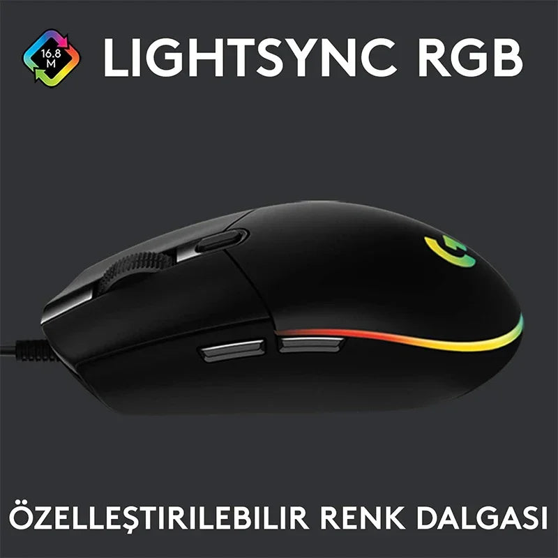 Mouse gamer Logitech G102 com fio USB, tela com efeito óptico de arco-íris de 8000 DPI para PC/Mac e laptop