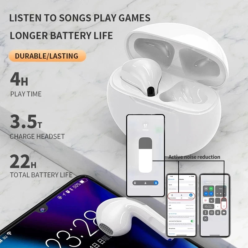 Fones de ouvido sem fio Bluetooth Pro 6 TWS originais, mini fone de ouvido estéreo esportivo para Xiaomi Android