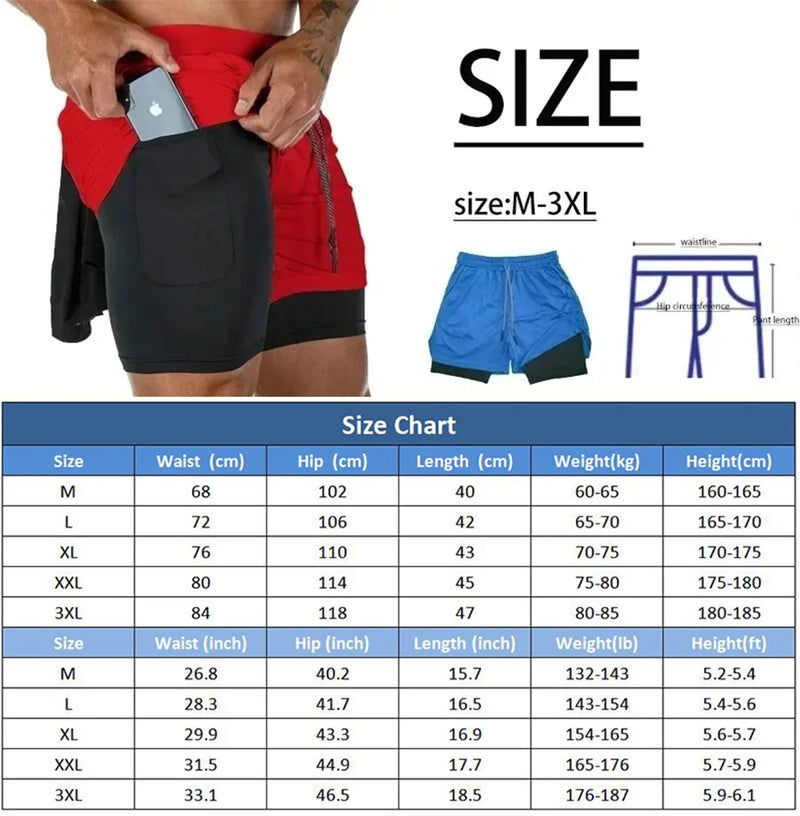 Shorts esportivos masculinos dois em um, respiráveis, casuais, de secagem rápida, de camada dupla, para corrida e esportes de verão, tamanho P-3XL