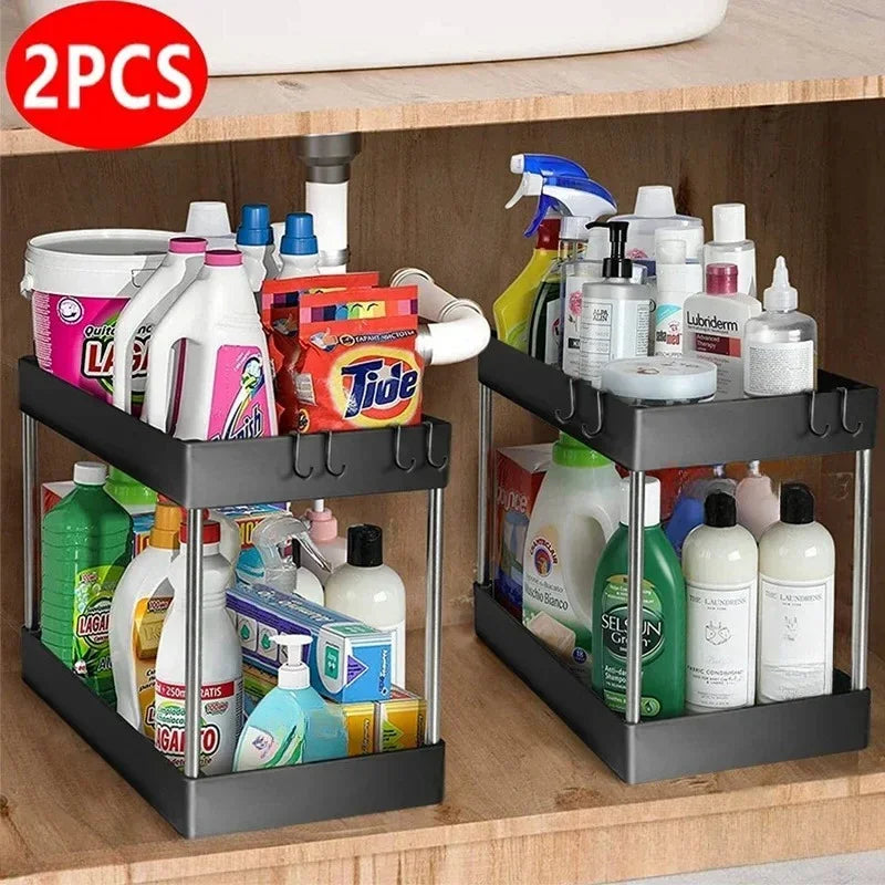 1/2 PCs organizador de armazenamento sob a pia, gaveta de 2 níveis, armário de rack multiuso, rack de armazenamento sob a pia, organizador de banheiro e cozinha