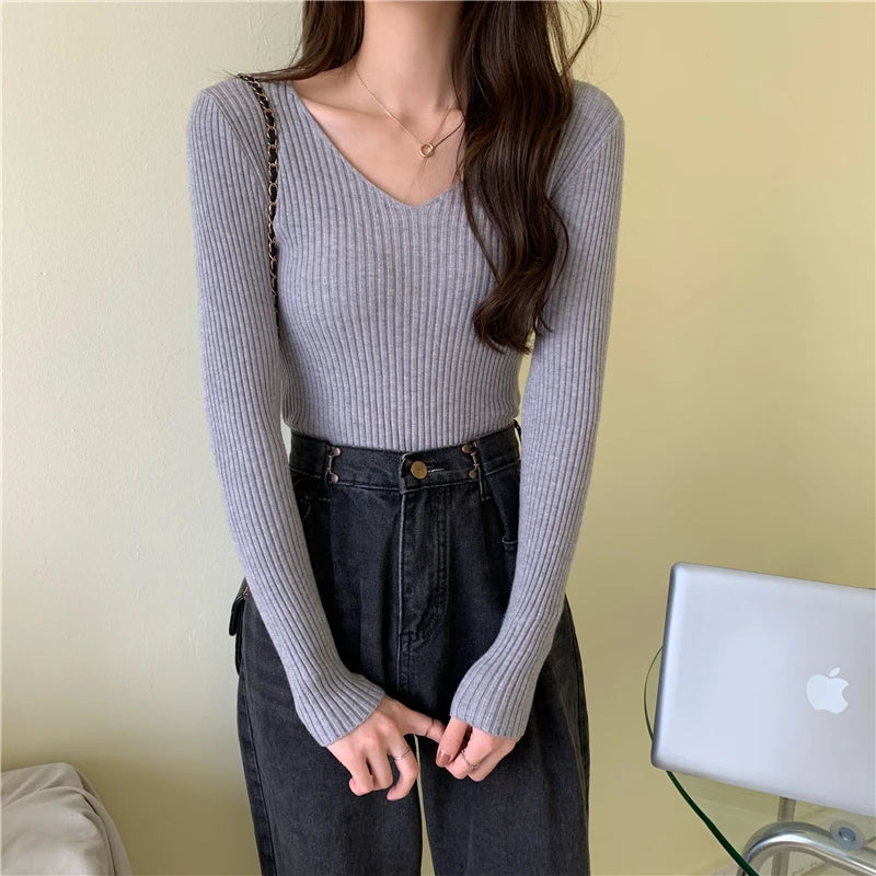 2025 Outono Inverno Mulheres Suéteres Casuais Manga Longa Malha Pulôver Suéter Feminino BÁSICO Sólido Jersey Tops Moda Roupas