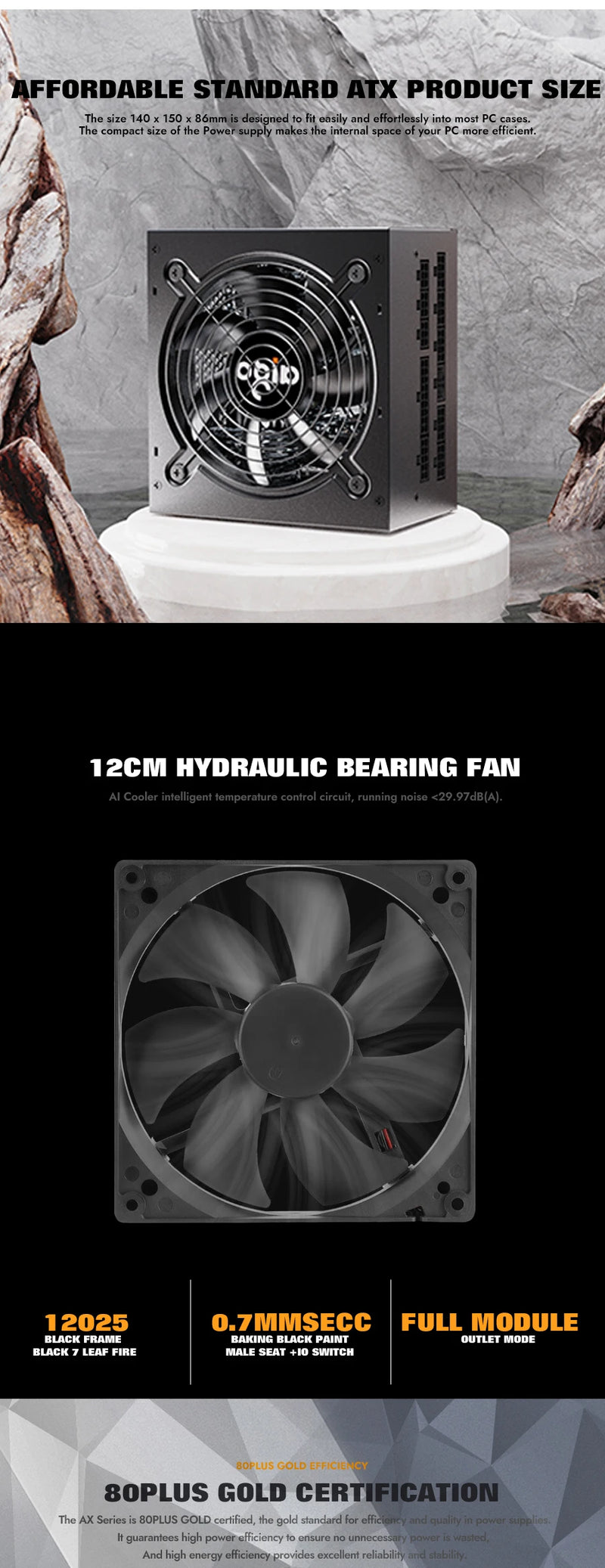 Aigo AX Power Supply 850W PCIE 5.0 ATX 3.0 Full Modular 80Plus Gold Certified Game PSU for NVIDIA RTX 20/30/40 AMD Graphics Card