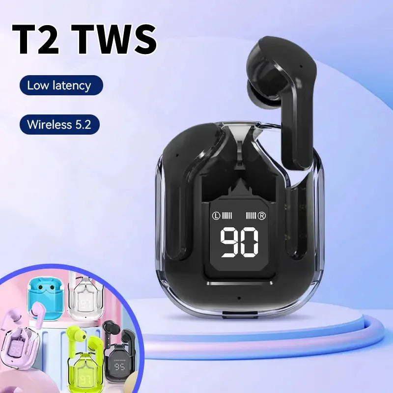 Fone de ouvido sem fio Bluetooth T2 original, transparente, HiFi, LED, com display digital, som estéreo, para Xiaomi