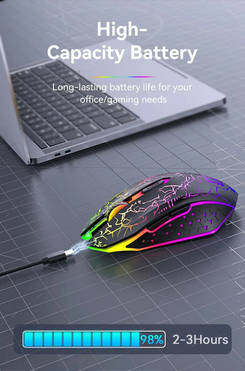 Mouse gamer RGB Bluetooth 2.4G sem fio ergonômico 1600DPI 6 botões mudos mouse para MacBook tablet laptops computador