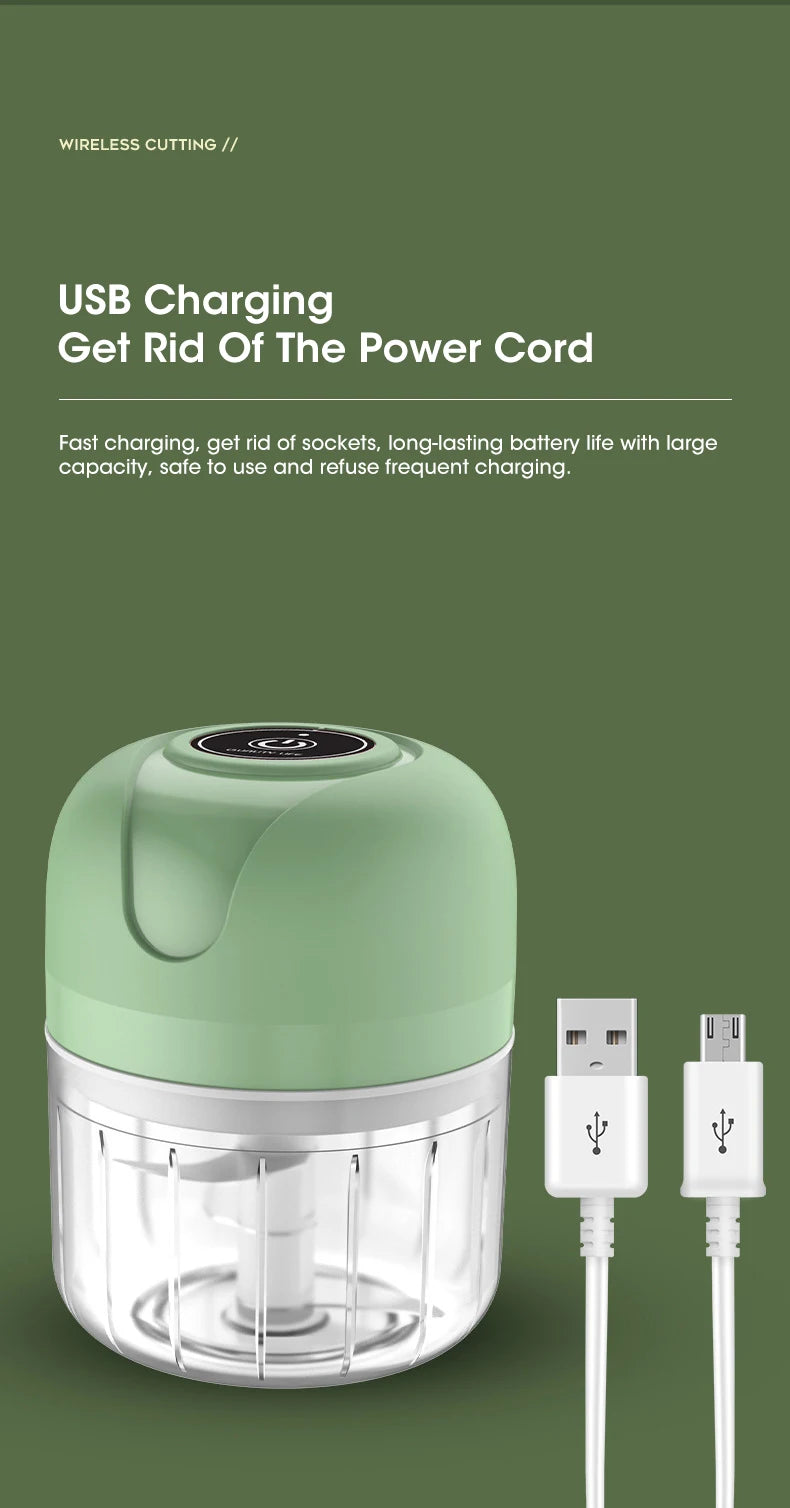 Triturador de alho elétrico de 250 ml, picador de alimentos para cozinha, moedor de carne portátil USB, picador de vegetais para utensílios de cozinha