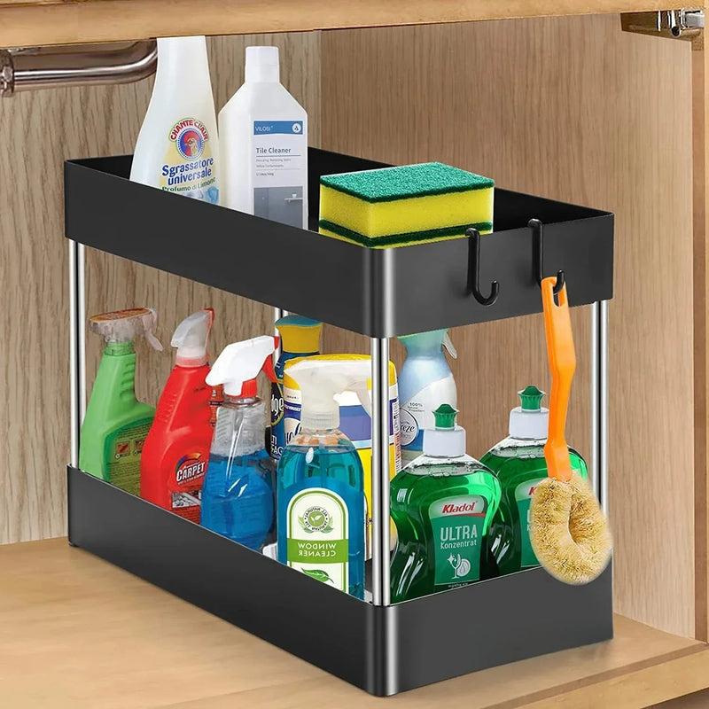 1/2 PCs organizador de armazenamento sob a pia, gaveta de 2 níveis, armário de rack multiuso, rack de armazenamento sob a pia, organizador de banheiro e cozinha